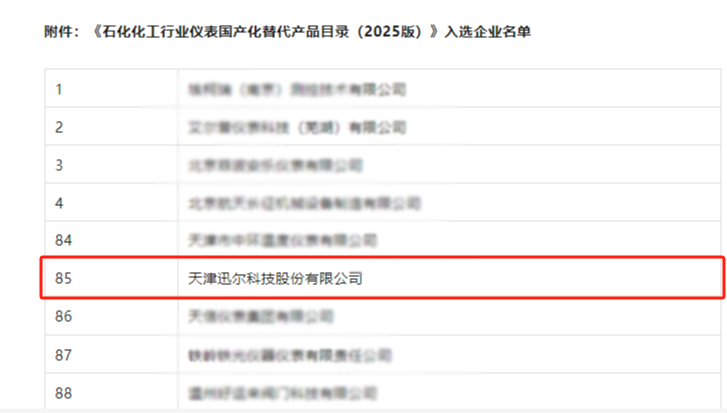 迅爾科技入選《石化化工行業(yè)儀表國產(chǎn)化替代產(chǎn)品目錄（2025 版）》